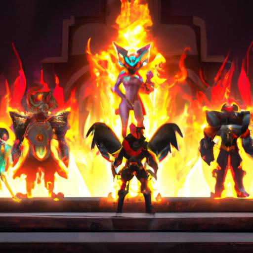 Infernal skin-equipped heroes of League of Legends standing on a platform surrounded by flames