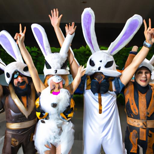 These LOL players are having a hopping good time with their bunny skins after a successful match.