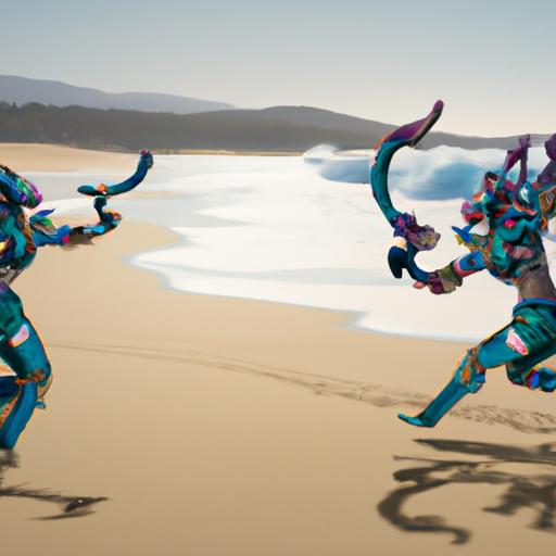 The sandy beach serves as the perfect backdrop for a battle between two League of Legends champions in their Ocean Song skins.